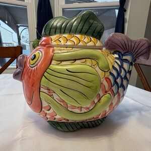 Vintage WCL China whimsical ceramic Koi Fish jar lid kitchen decor 9”